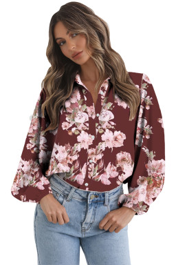 Brown Floral Puff Sleeve Lightweight Shirt
