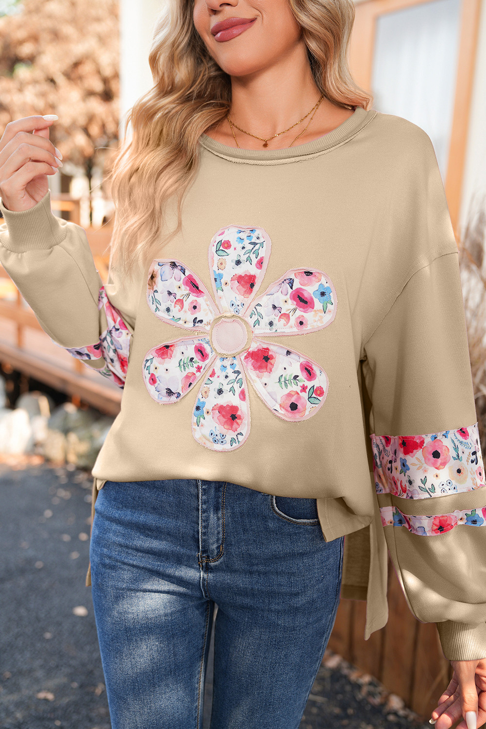 Pale Khaki Flower Applique Patchwork Drop Sleeve Pullover Sweatshirt