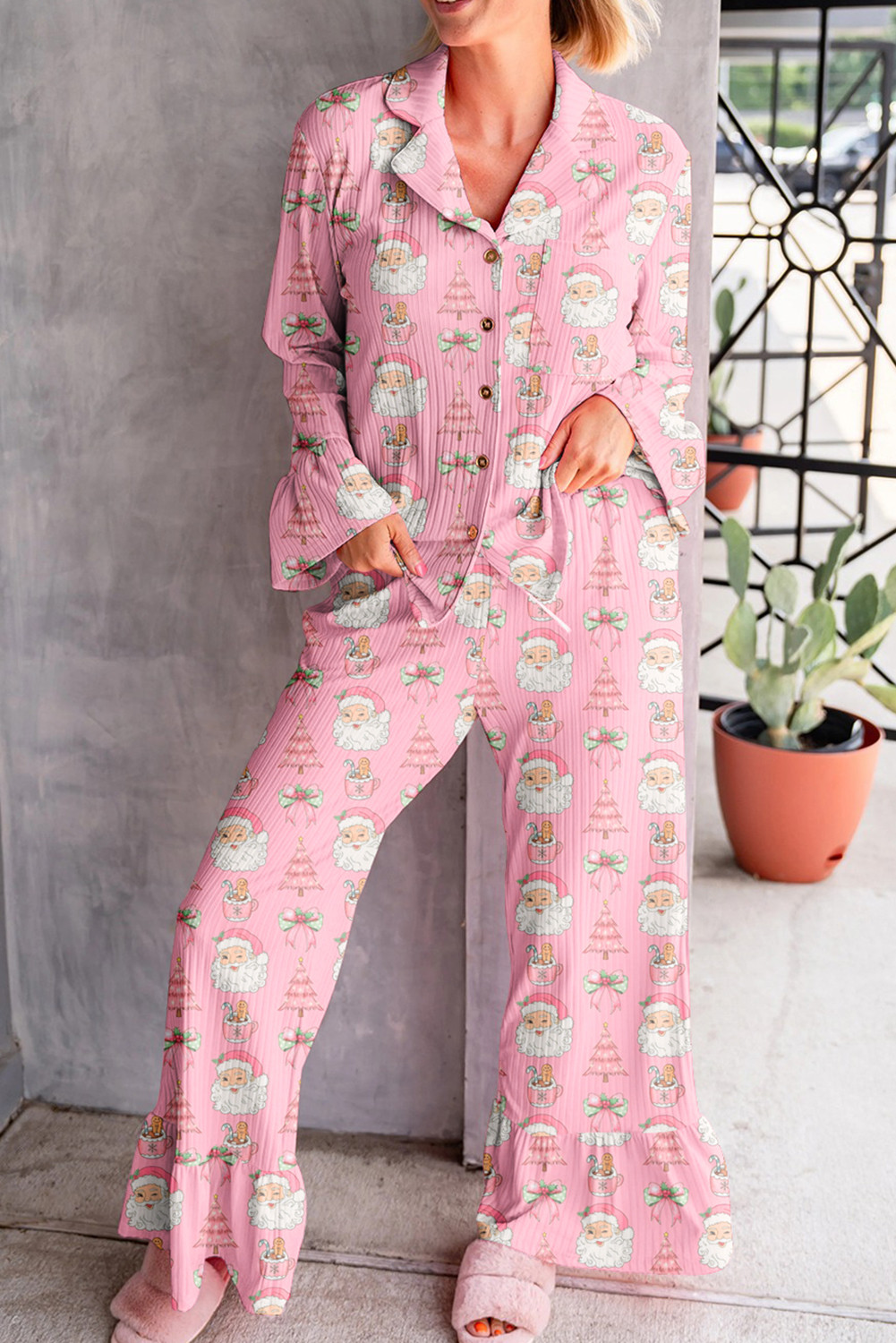 Pink Christmas Print Ruffle Ribbed Shirt and Pants Pajama Set