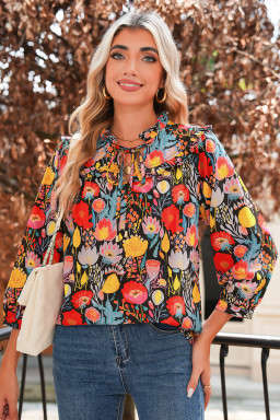 Black Floral Print 3/4 Puff Sleeve Frill Neck Blouse