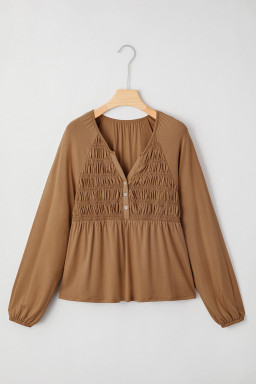 Cinnamon Smocked Bust Buttoned Split V Neck Flowy Blouse