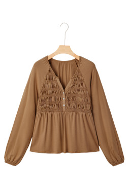 Cinnamon Smocked Bust Buttoned Split V Neck Flowy Blouse