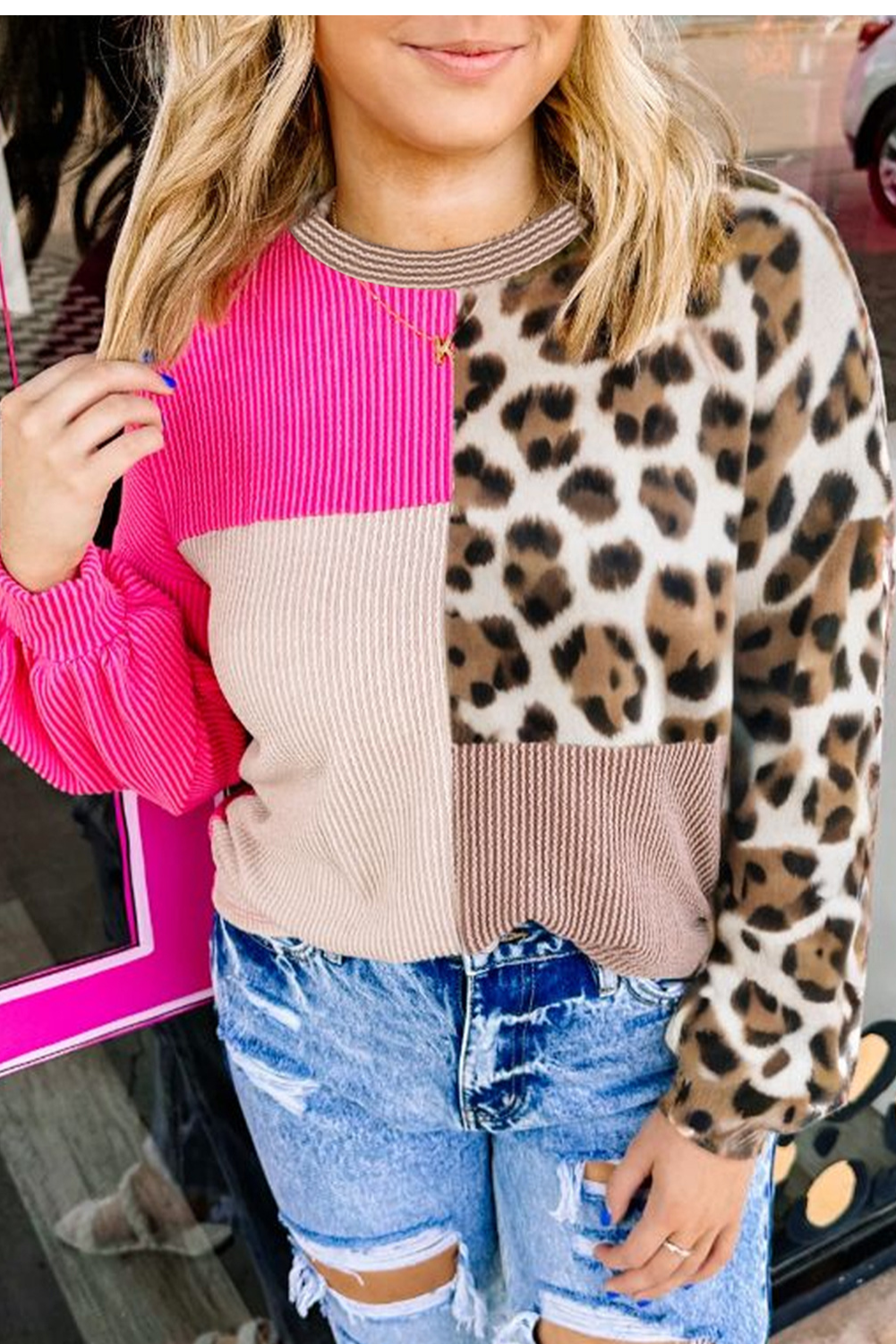 Rose Red Twisted Ribbed Colorblock Leopard Patchwork Plus Size Top