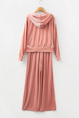 Peach Blossom Velvet Zip-up Hoodie and Wide Leg Pants Set