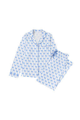 Sky Blue Bow Print Long Sleeve Shirt and Pants Soft Pajama Set