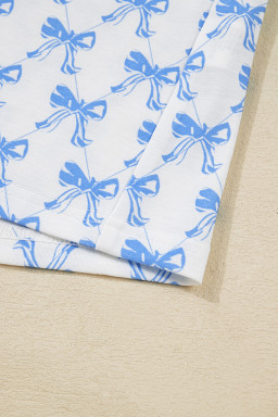 Sky Blue Bow Print Long Sleeve Shirt and Pants Soft Pajama Set