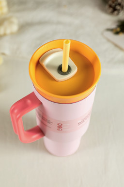 Light Pink Colorblock Handle Lid Stainless Steel Insulation Tumbler with Straw