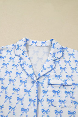 Sky Blue Bow Print Long Sleeve Shirt and Pants Soft Pajama Set
