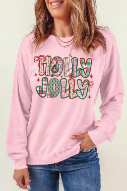 Pink HOLLY JOLLY Graphic Heat Transfer Printing Christmas Sweatshirt