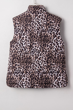 Brown Leopard Quilted Full Zipper Casual Puff Vest