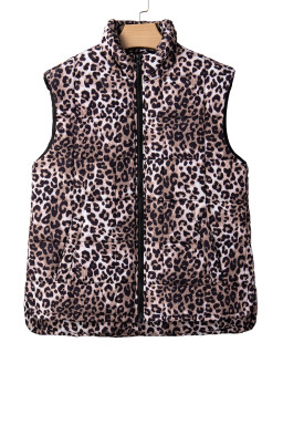 Brown Leopard Quilted Full Zipper Casual Puff Vest