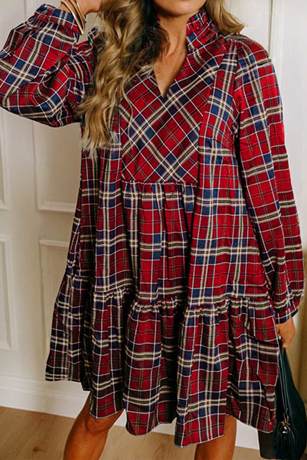 Red Plaid Print Frill Neck Long Sleeve Mini Dress