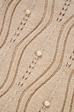 Smoke Gray Pearl Beaded Embellished Lace Applique Pointelle Knit Sweater