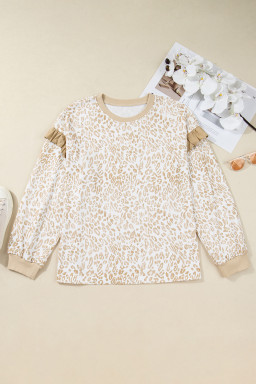 Khaki Plus Size Ruffle Arm Leopard Sweatshirt