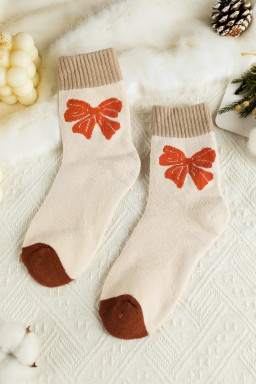 Khaki Bow Printed Colorblock Knit Crew Socks