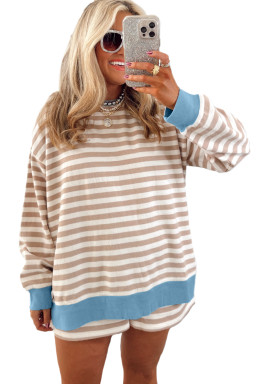 Khaki Striped Contrast Edge Drop Shoulder Pullover and Shorts Plus Size Set