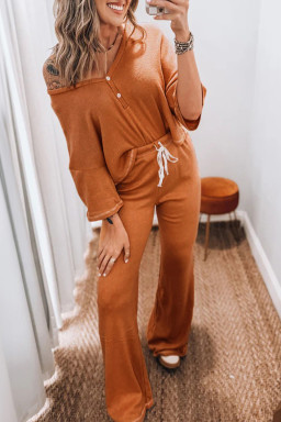 Grapefruit Orange Contrast Stitching Buttoned V Neck Half Sleeve Top and Drawstring Flare Pants Set