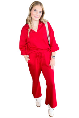 Fiery Red Plain V Neck Pullover Drawstring Bell Bottom Pants Set