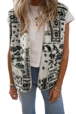 Beige Sherpa Paisley Print Pocketed Fashion Vest Jacket