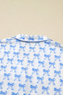 Sky Blue Bow Print Long Sleeve Shirt and Pants Soft Pajama Set