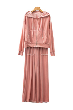 Peach Blossom Velvet Zip-up Hoodie and Wide Leg Pants Set