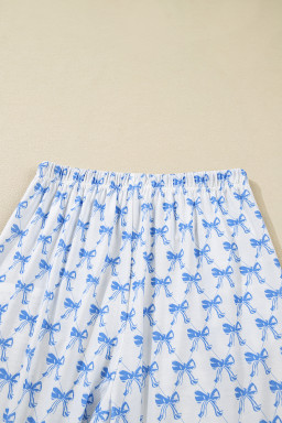 Sky Blue Bow Print Long Sleeve Shirt and Pants Soft Pajama Set