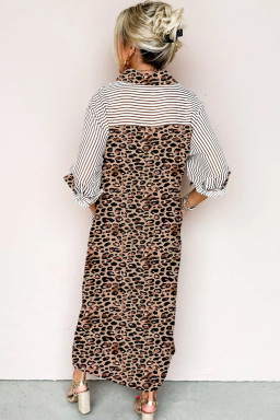 Brown Stripe Contrast Leopard Patchwork Shirt Dress