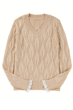 Smoke Gray Pearl Beaded Embellished Lace Applique Pointelle Knit Sweater