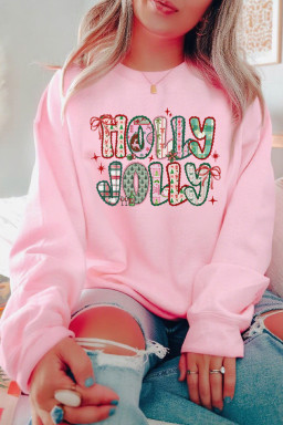 Pink HOLLY JOLLY Graphic Heat Transfer Printing Christmas Sweatshirt