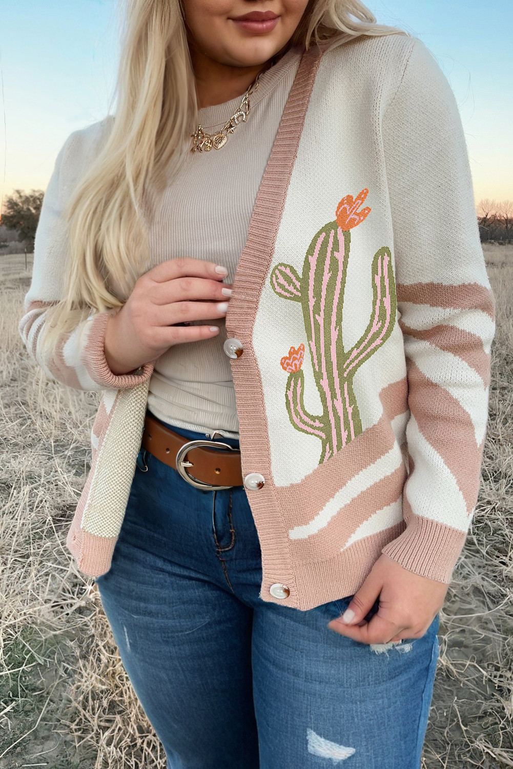 Apricot Cactus Print V Neck Plus Size Button Cardigan
