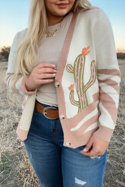 Apricot Cactus Print V Neck Plus Size Button Cardigan