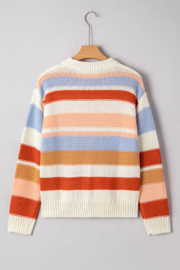 Pink Striped Colorblock Round Neck Drop Shoulder Sweater
