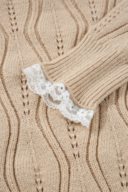 Smoke Gray Pearl Beaded Embellished Lace Applique Pointelle Knit Sweater