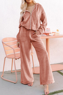 Peach Blossom Velvet Zip-up Hoodie and Wide Leg Pants Set
