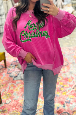 Strawberry Pink Twisted Ribbed Texture Merry Christmas Sequins Patch Top