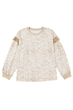 Khaki Plus Size Ruffle Arm Leopard Sweatshirt