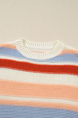 Pink Striped Colorblock Round Neck Drop Shoulder Sweater