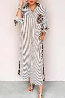 Brown Stripe Contrast Leopard Patchwork Shirt Dress