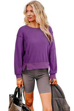 Orchid Mist Solid Color Raw Seam Patchwork Ribbed Drop Shoulder Sweatshirt