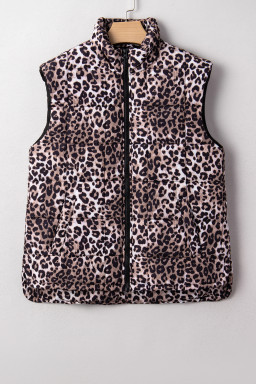 Brown Leopard Quilted Full Zipper Casual Puff Vest