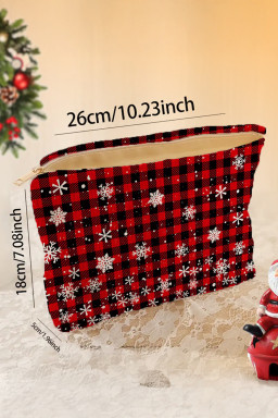 Fiery Red Plaid Christmas Snowflake Print Cosmetic Bag