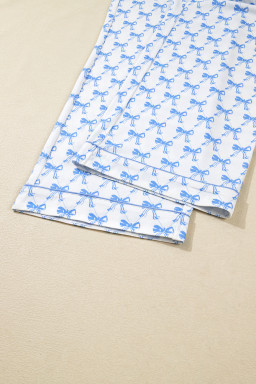 Sky Blue Bow Print Long Sleeve Shirt and Pants Soft Pajama Set