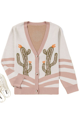 Apricot Cactus Print V Neck Plus Size Button Cardigan