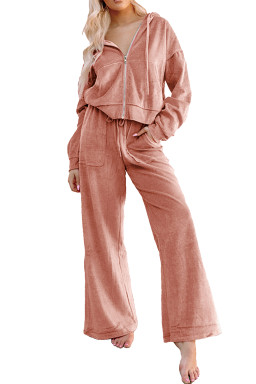Peach Blossom Velvet Zip-up Hoodie and Wide Leg Pants Set