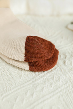 Khaki Bow Printed Colorblock Knit Crew Socks