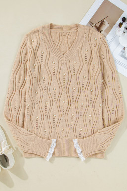 Smoke Gray Pearl Beaded Embellished Lace Applique Pointelle Knit Sweater