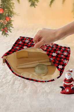 Fiery Red Plaid Christmas Snowflake Print Cosmetic Bag