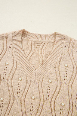 Smoke Gray Pearl Beaded Embellished Lace Applique Pointelle Knit Sweater
