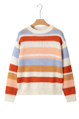 Pink Striped Colorblock Round Neck Drop Shoulder Sweater