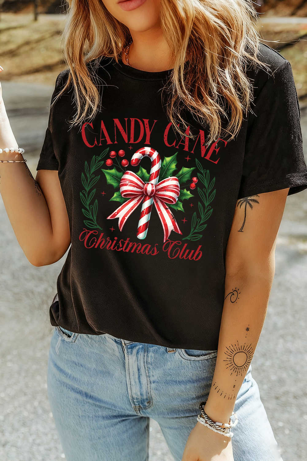 Black Candy Cane Christmas Club Heat Transfer Printing T Shirt